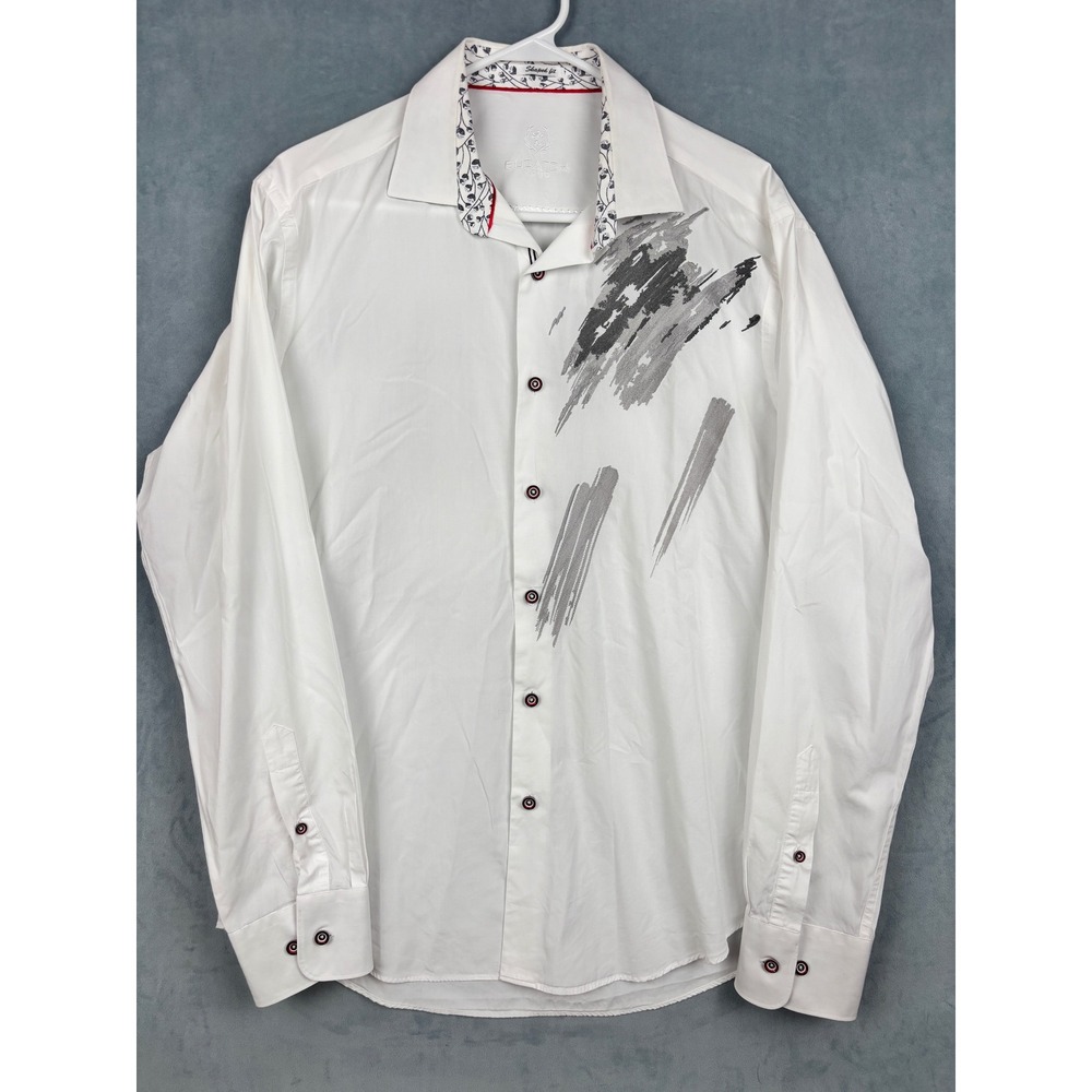 Bugatchi Uomo Mens White Abstract Graphic Button Down Shirt Shaped Fit Size M